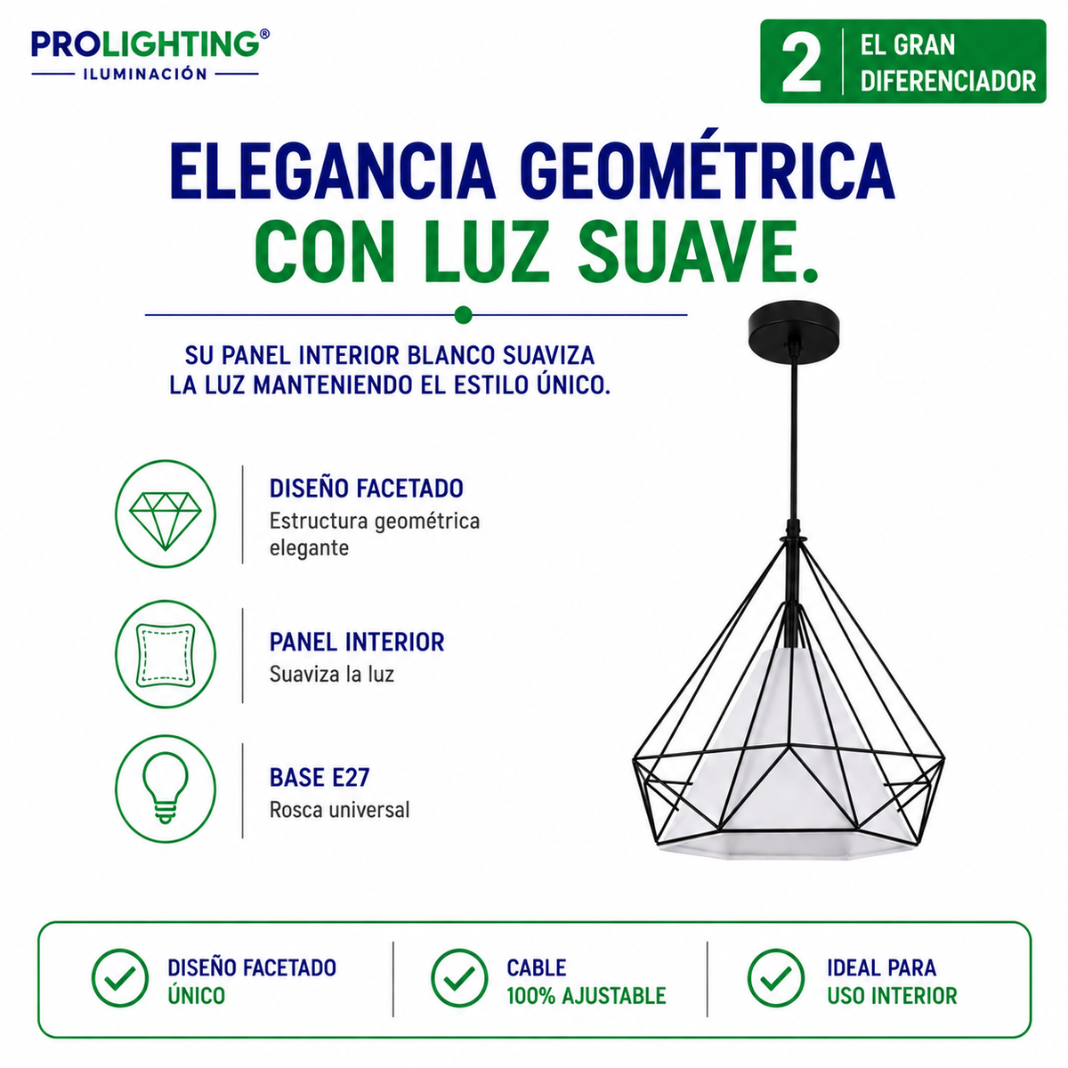 Lampara Colgante Diamante Blanca Jaula Metal Base E27