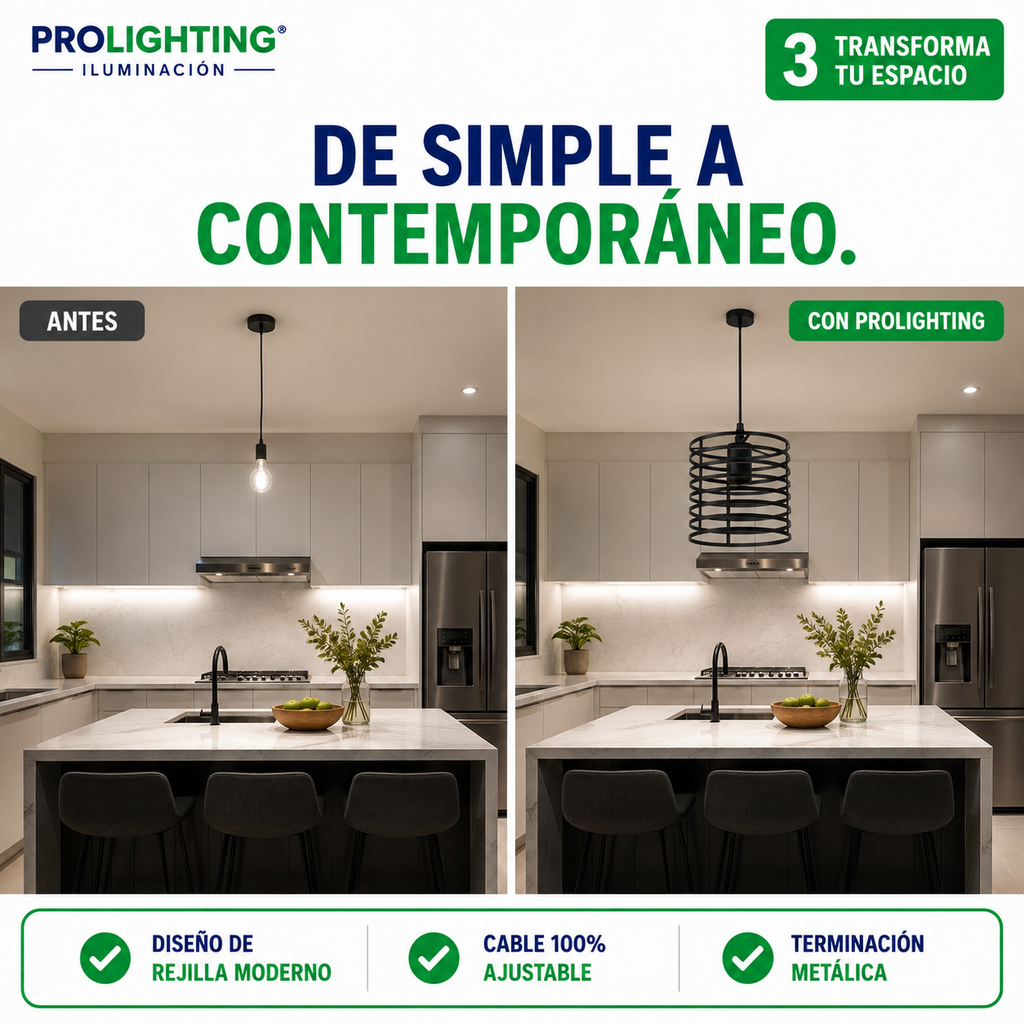 Lampara Colgante Cilindro Jaula Metal Base Negra E27 Retro