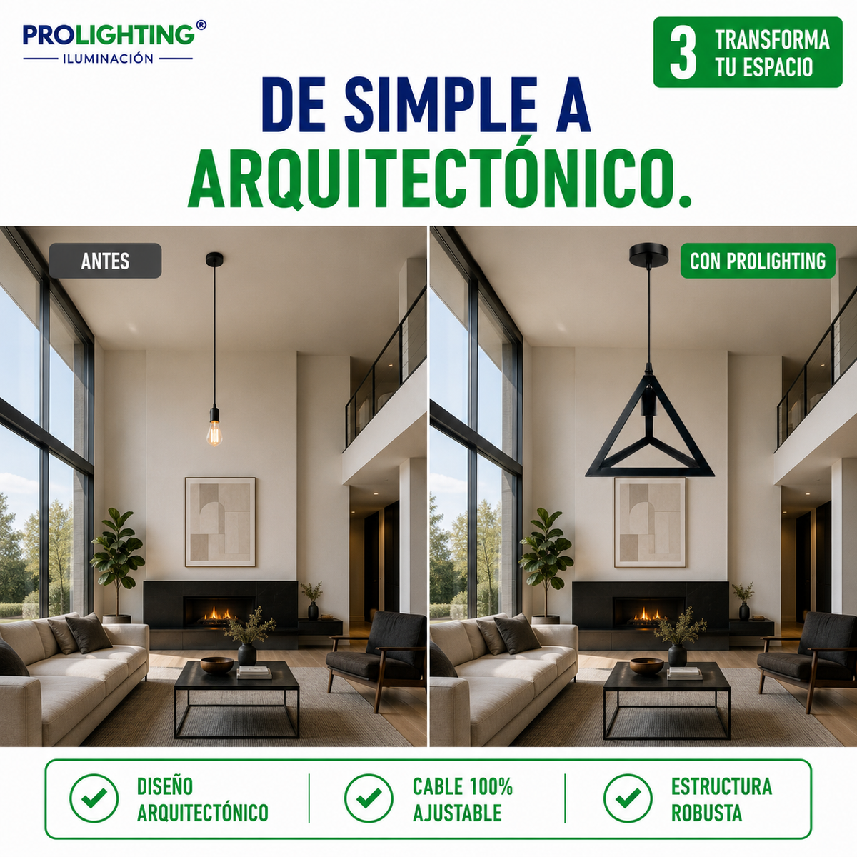 Lampara Colgante Pirámide Triangular Metal Negro Diseño Base E27