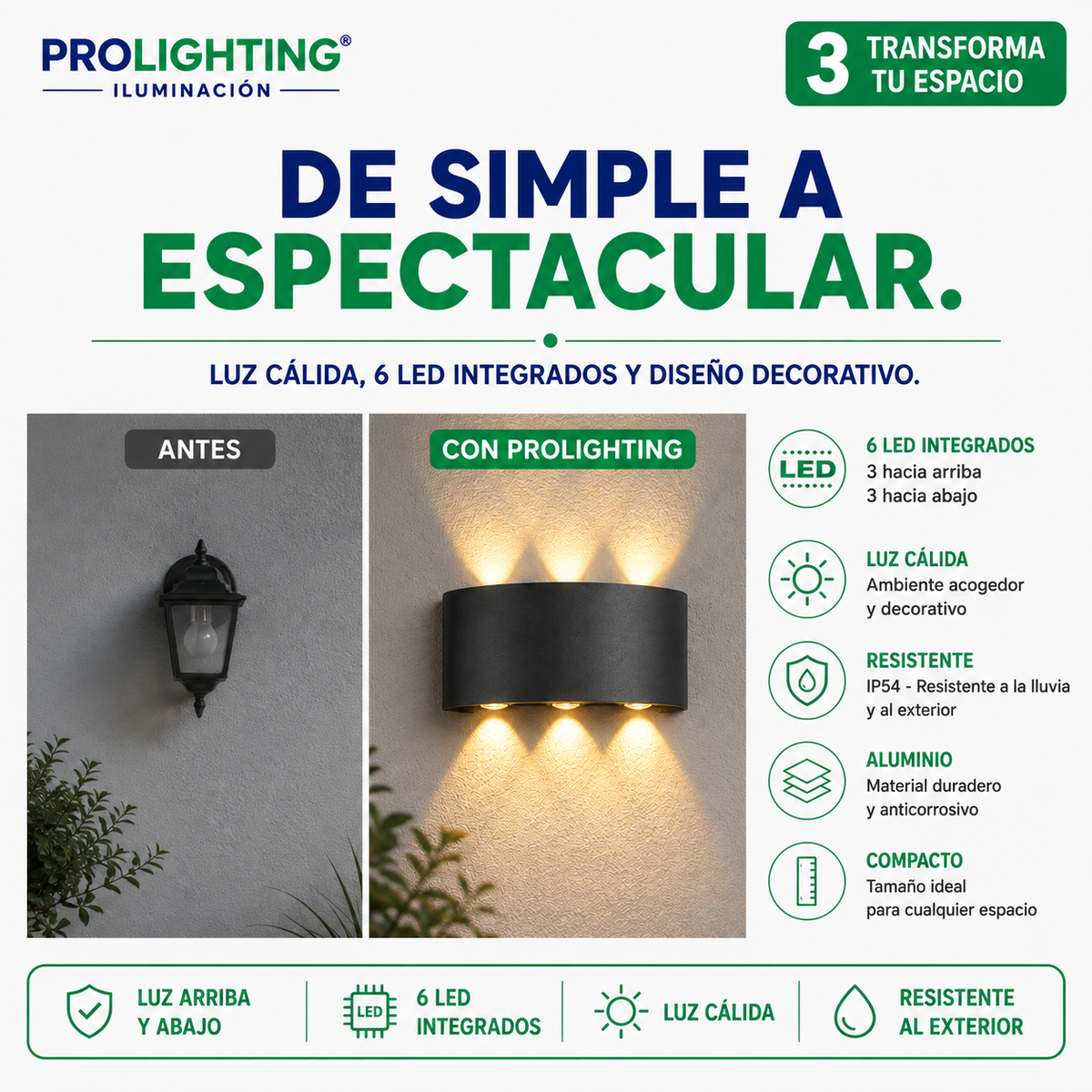 Aplique LED Curvo 6 Luces Doble Haz Arriba Abajo Exterior
