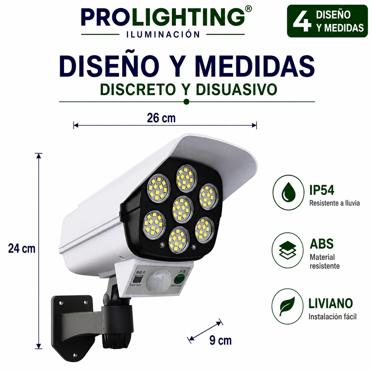 Luz Solar LED Diseño Cámara Disuasiva Sensor Movimiento