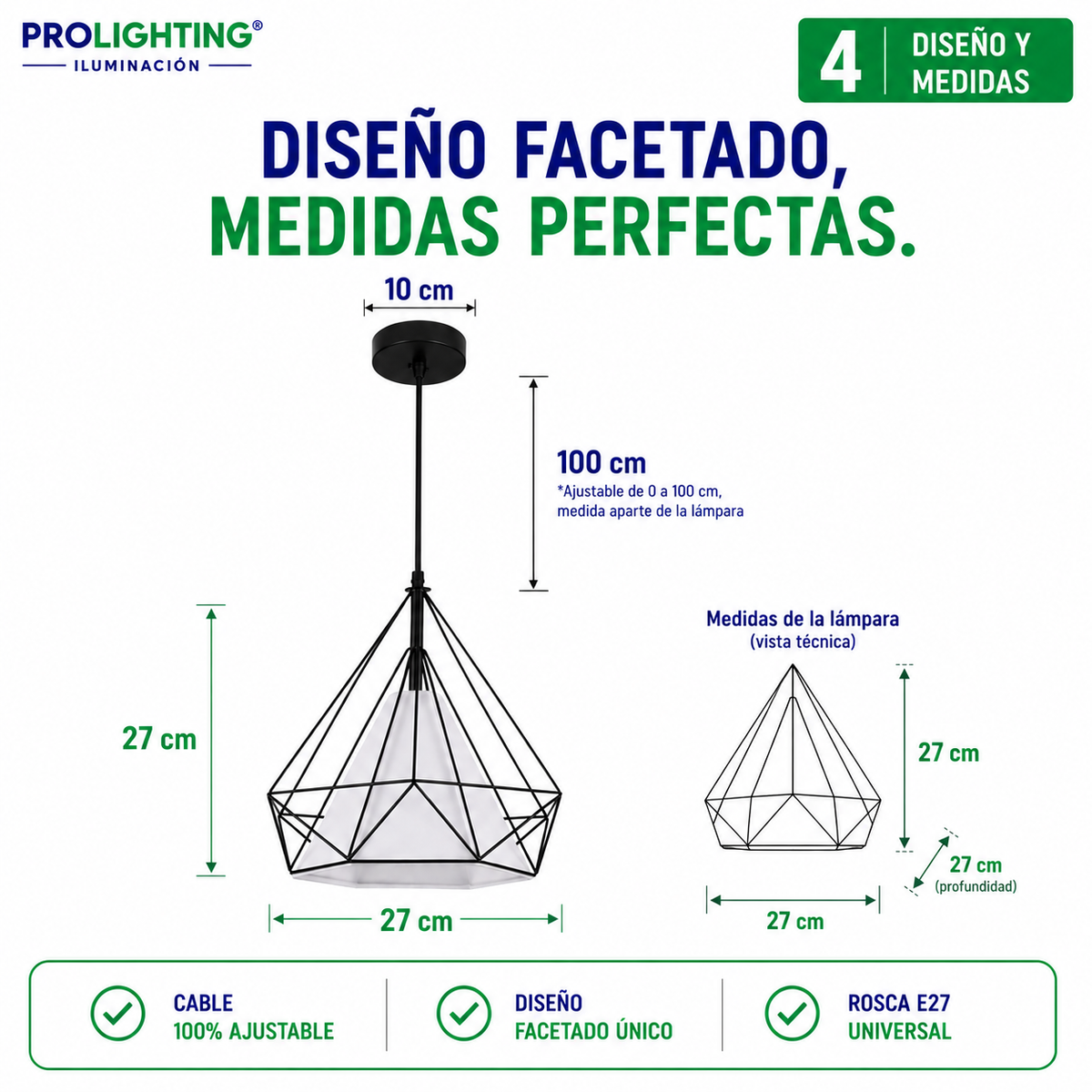 Lampara Colgante Diamante Blanca Jaula Metal Base E27