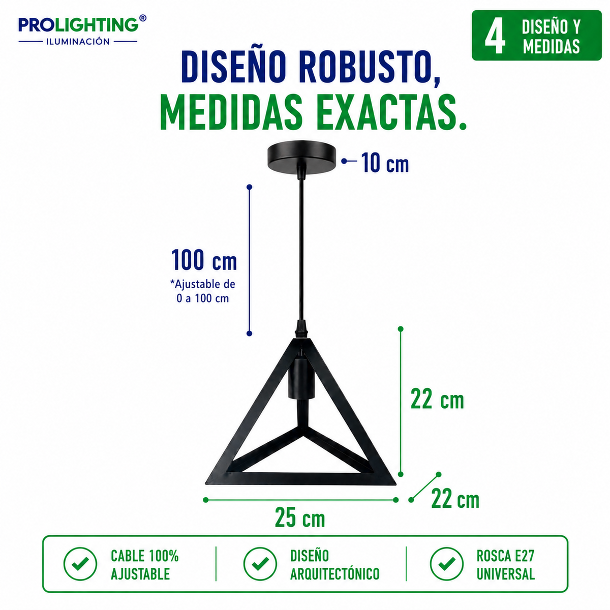 Lampara Colgante Pirámide Triangular Metal Negro Diseño Base E27
