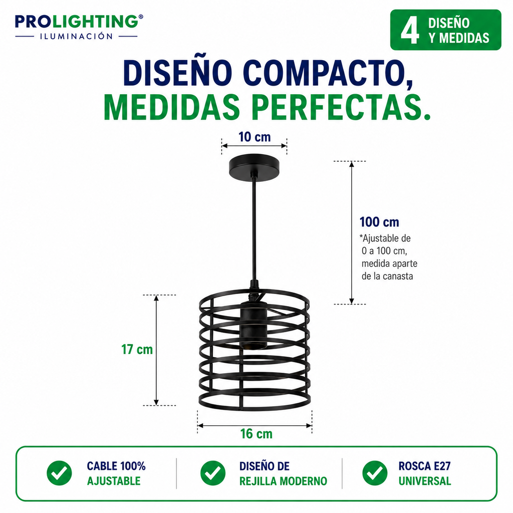 Lampara Colgante Cilindro Jaula Metal Base Negra E27 Retro