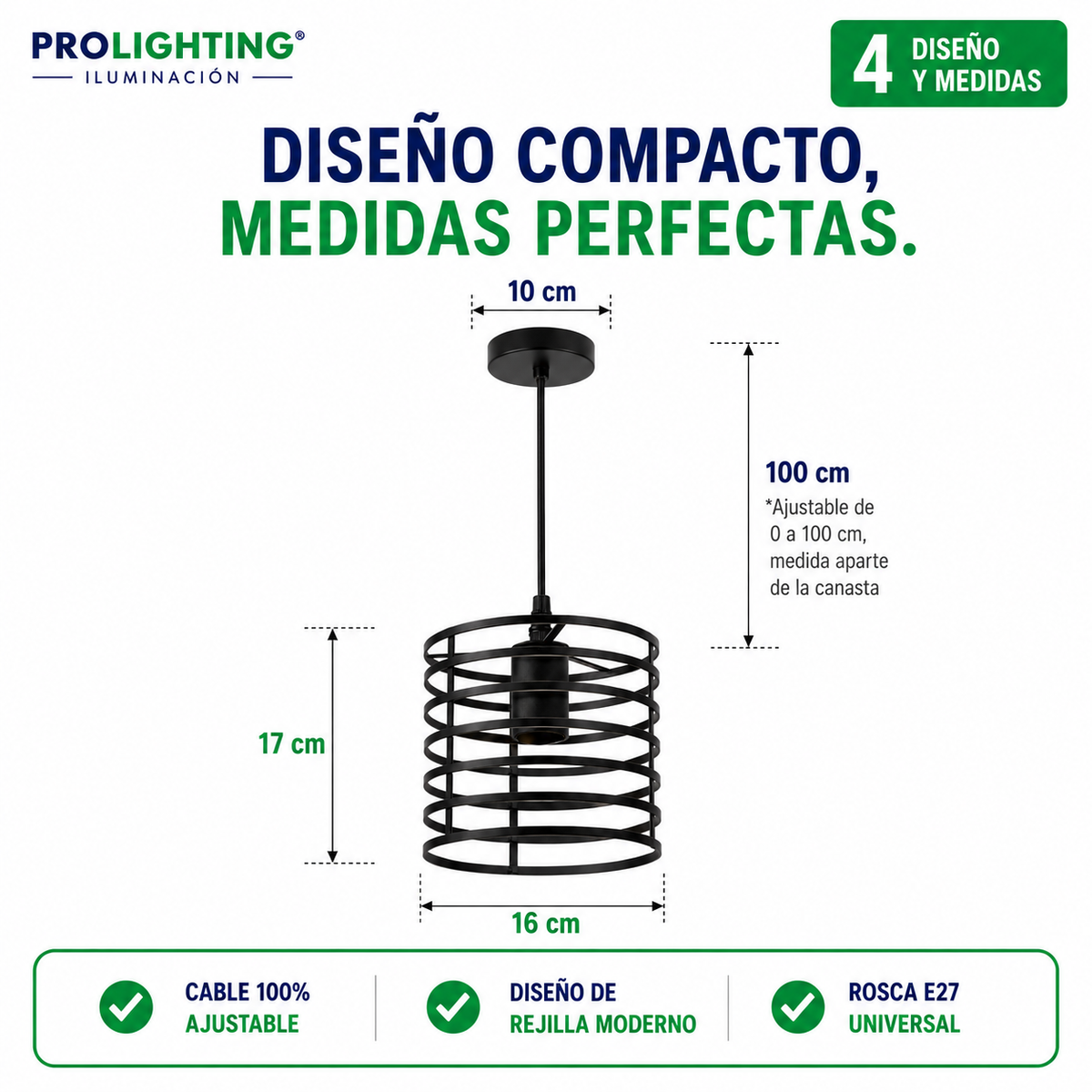 Lampara Colgante Cilindro Jaula Metal Base Negra E27 Retro