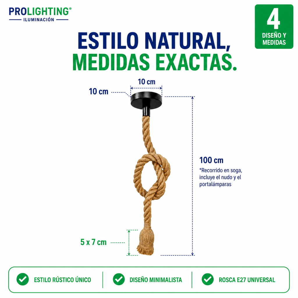 Lampara Colgante Soga Simple Trenzada Yute Cañamo Base E27