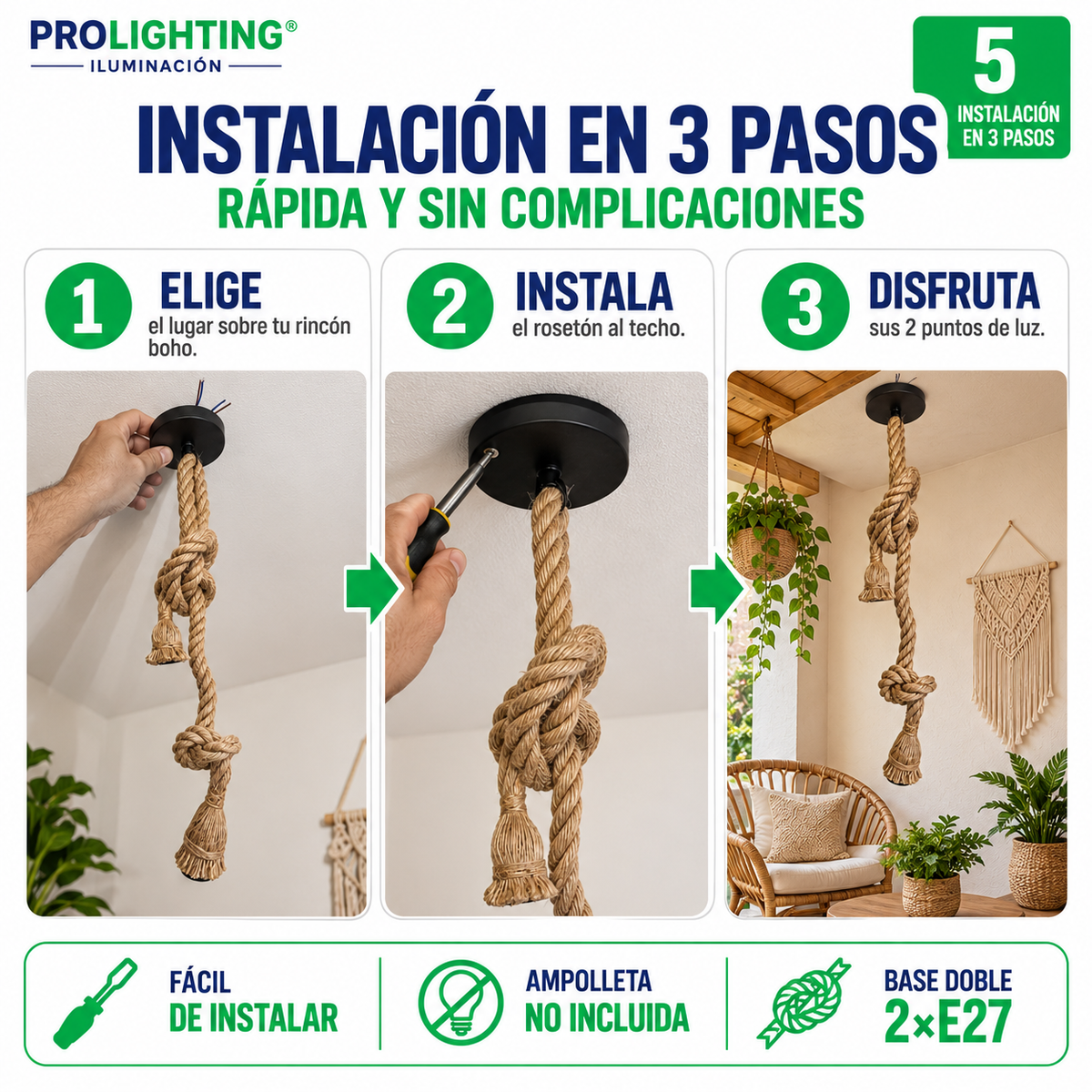 Lampara Colgante Soga Doble Trenzada Yute Cañamo Base E27