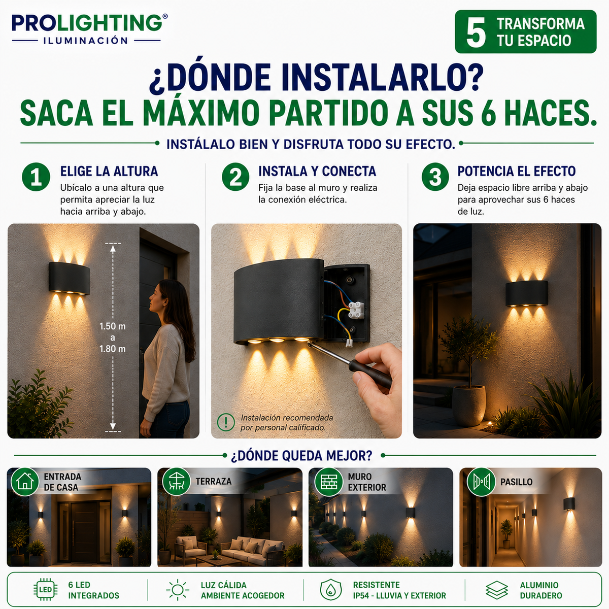 Aplique LED Curvo 6 Luces Doble Haz Arriba Abajo Exterior