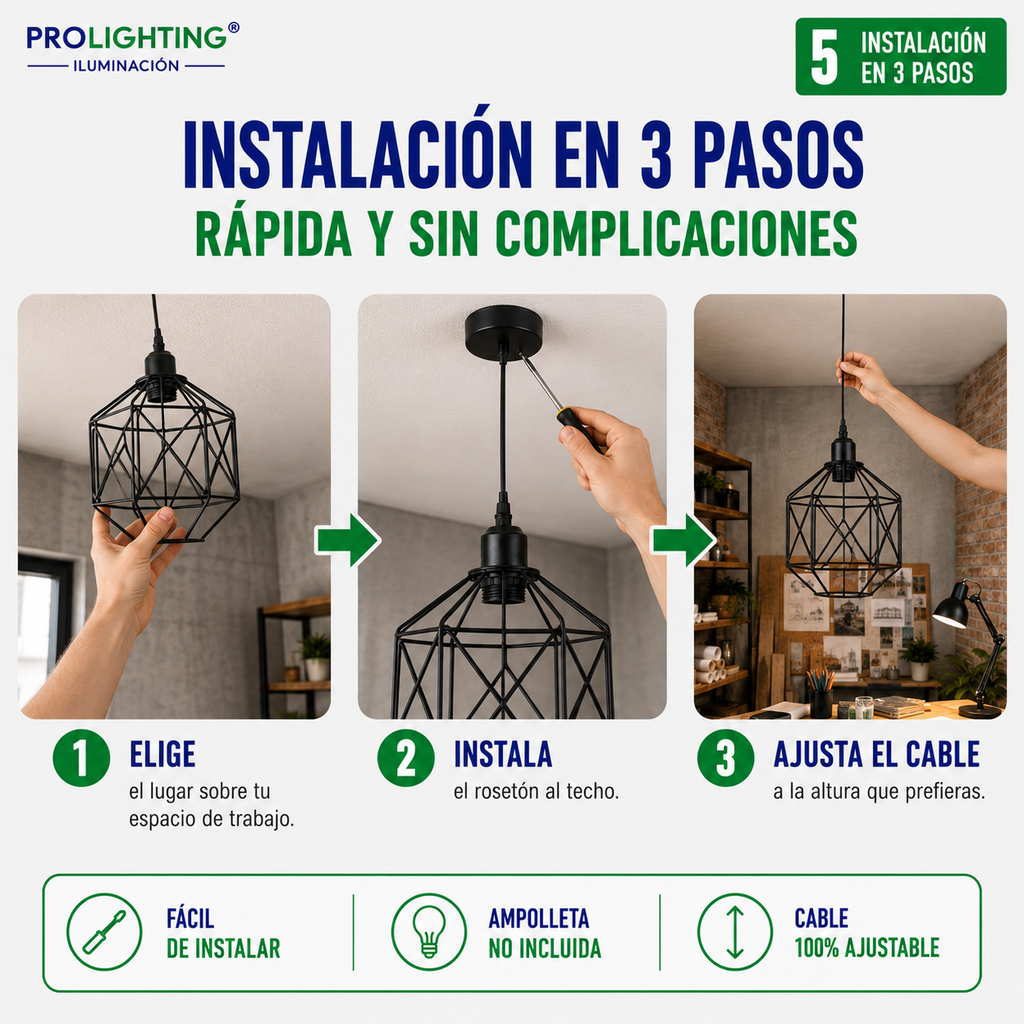 Lampara Colgante Octagono Jaula Metal Negra Diseño Tambor E27
