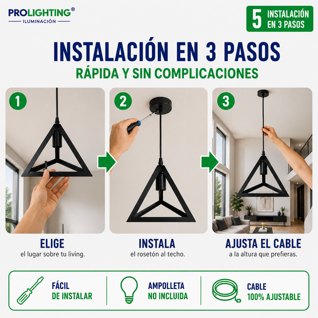 Lampara Colgante Pirámide Triangular Metal Negro Diseño Base E27