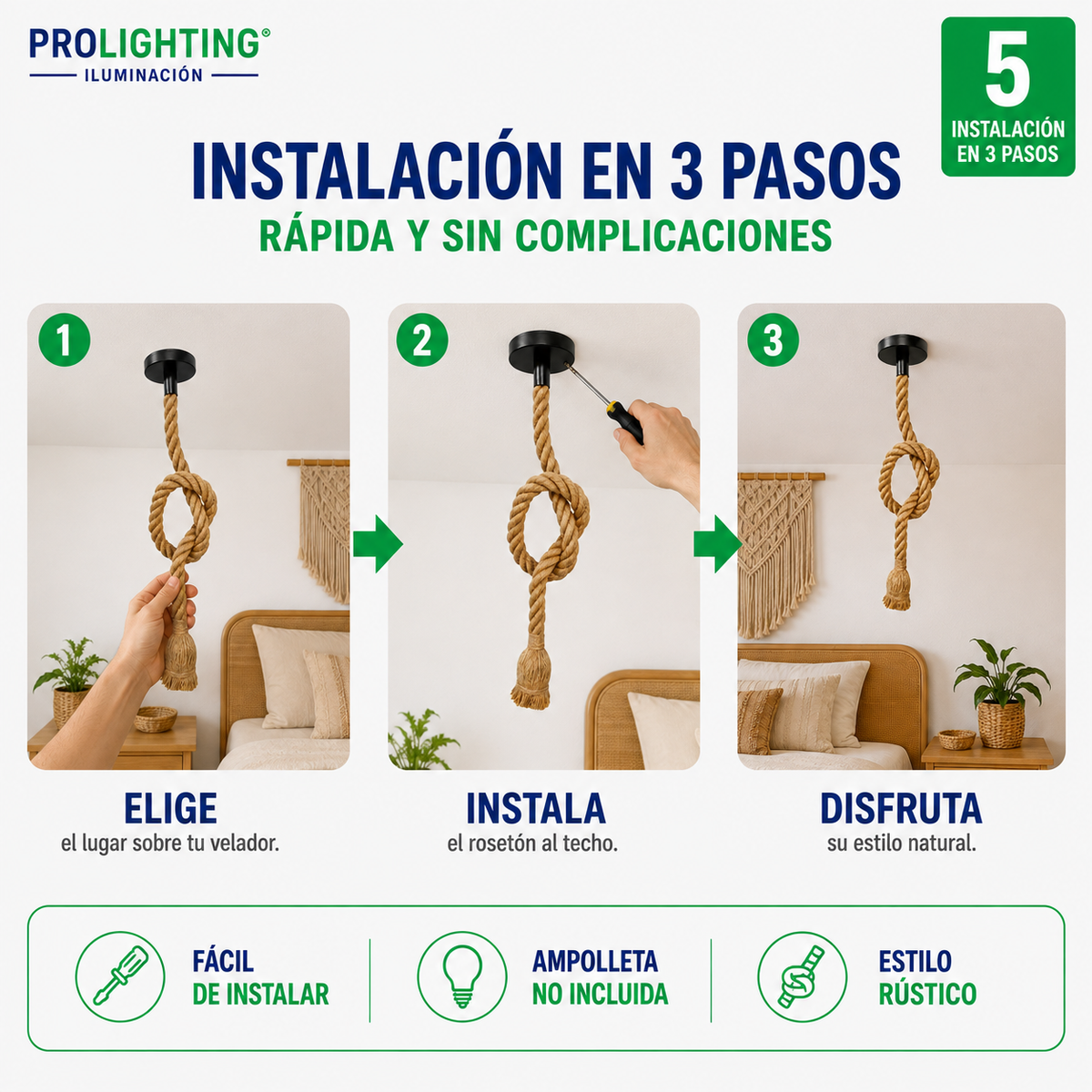 Lampara Colgante Soga Simple Trenzada Yute Cañamo Base E27