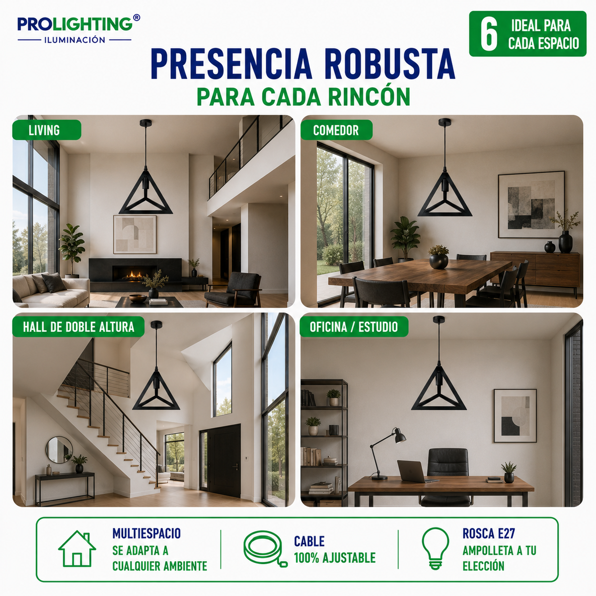 Lampara Colgante Pirámide Triangular Metal Negro Diseño Base E27