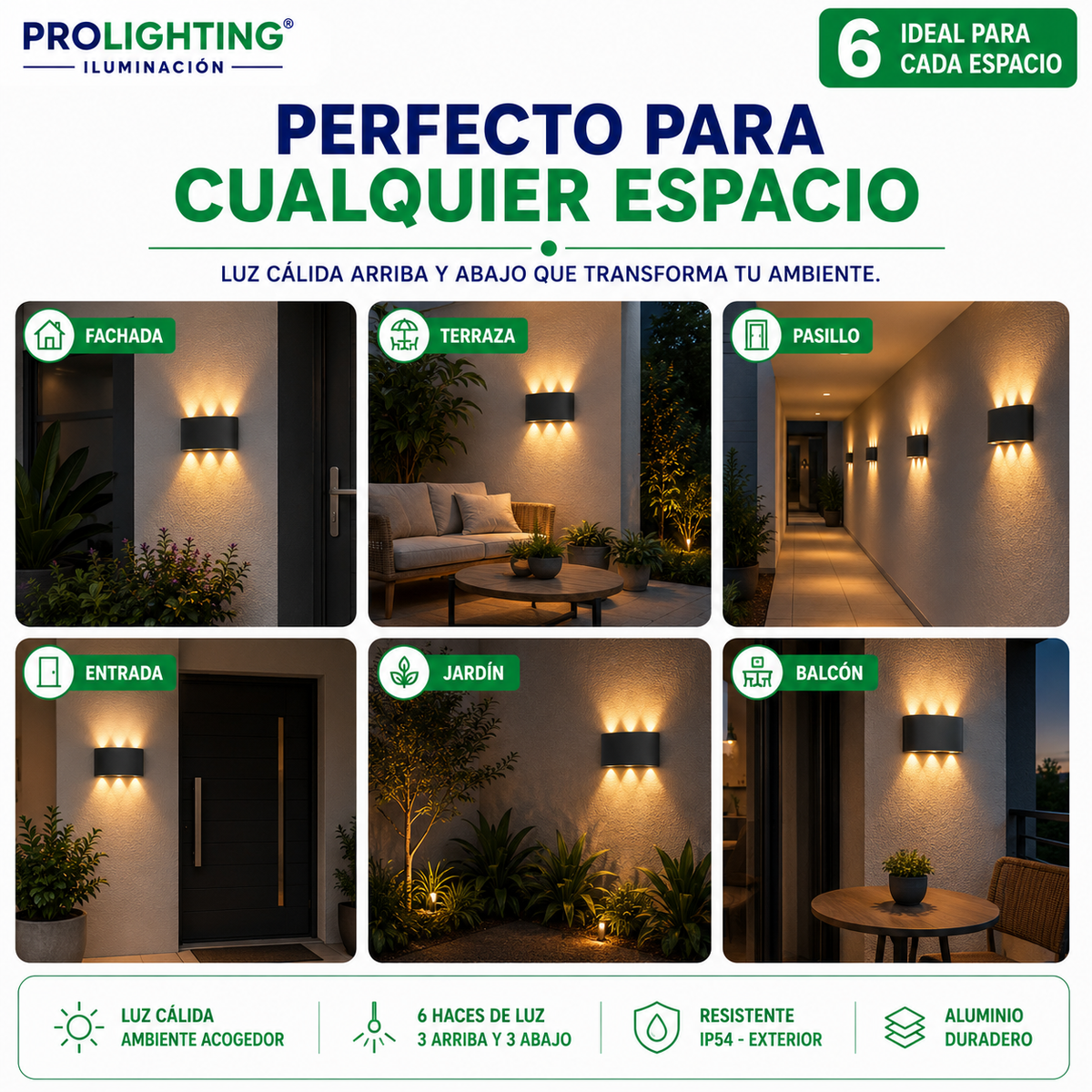 Aplique LED Curvo 6 Luces Doble Haz Arriba Abajo Exterior