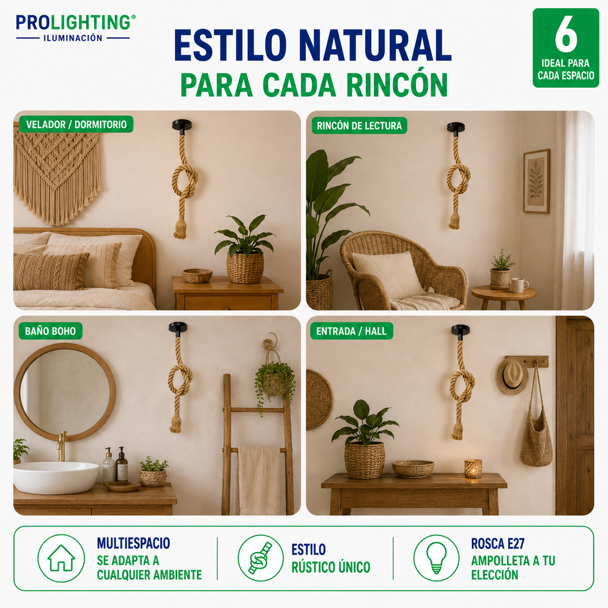 Lampara Colgante Soga Simple Trenzada Yute Cañamo Base E27