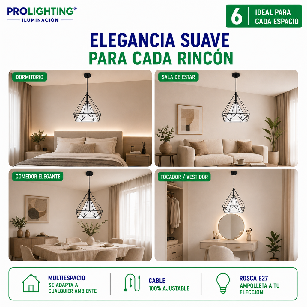Lampara Colgante Diamante Blanca Jaula Metal Base E27