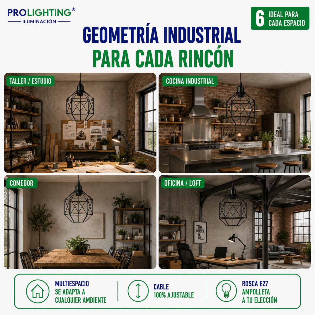 Lampara Colgante Octagono Jaula Metal Negra Diseño Tambor E27