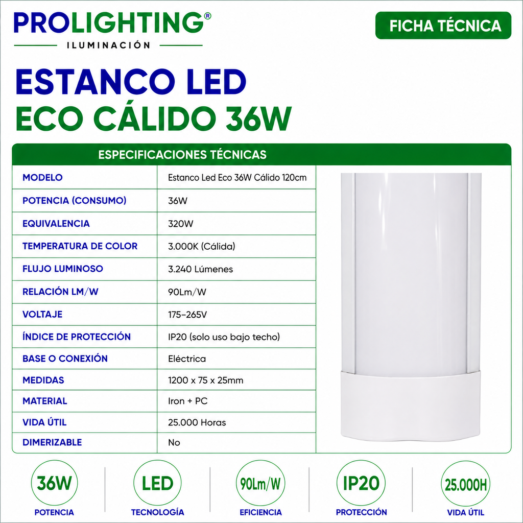 Tubo LED Estanco Canoa Plana Regleta Slim 120cm 36W Cálida