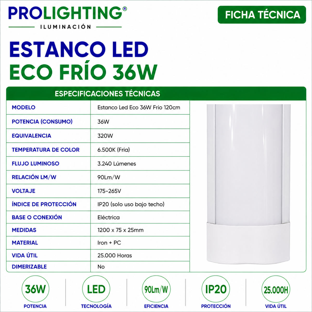 Tubo LED Estanco Canoa Plana Regleta Slim 120cm 36W Fría