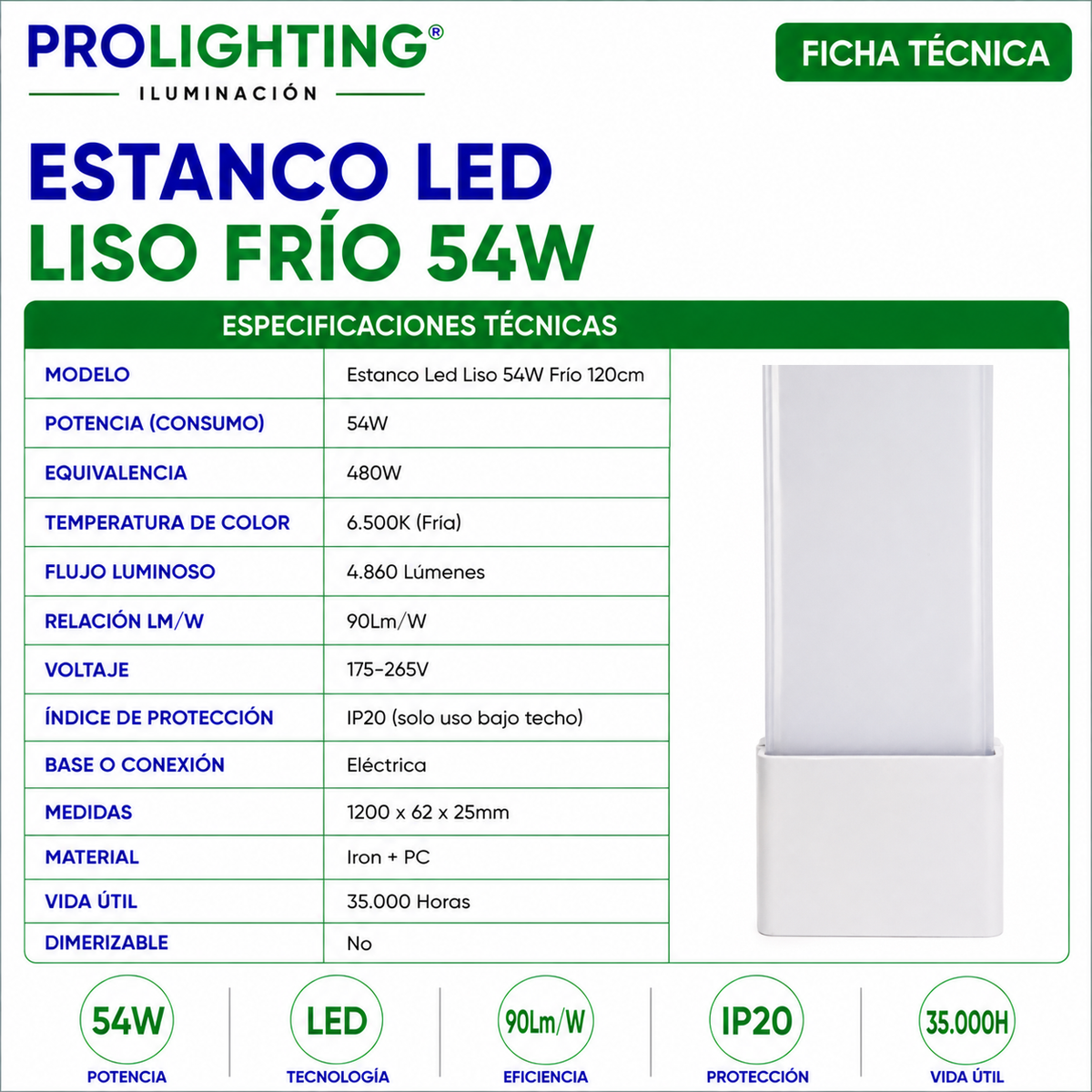 Tubo LED Estanco Canoa Plana Regleta Slim 120cm 54W Fría Liso