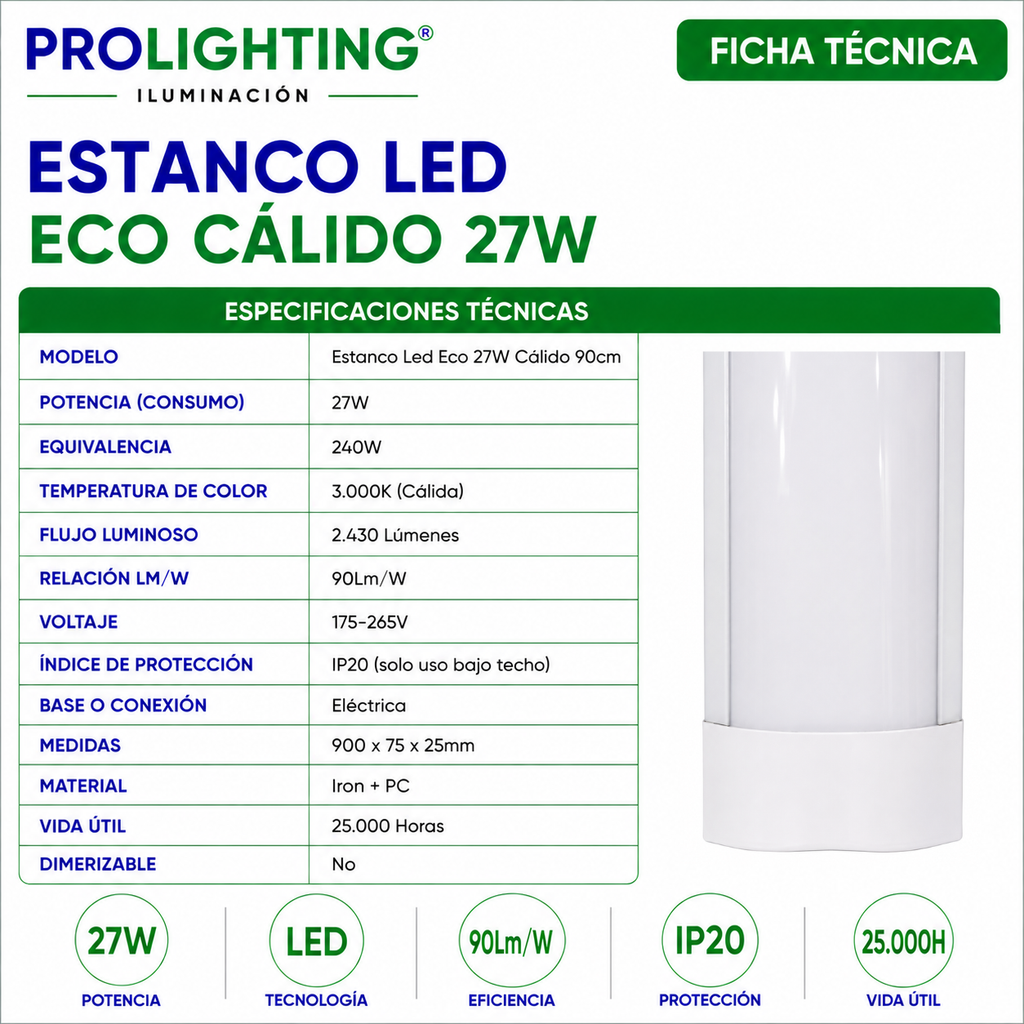 Tubo LED Estanco Canoa Plana Regleta Slim 90cm 27W Cálida
