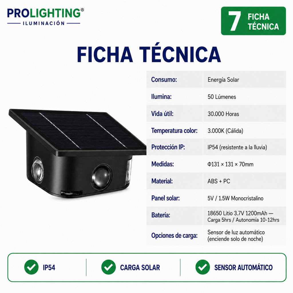 Foco Solar LED Muro Exterior Fotocelda Automático IP54
