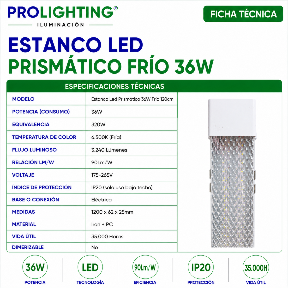 Tubo LED Estanco Canoa Plana Regleta Slim 120cm 36W Fría Prismático