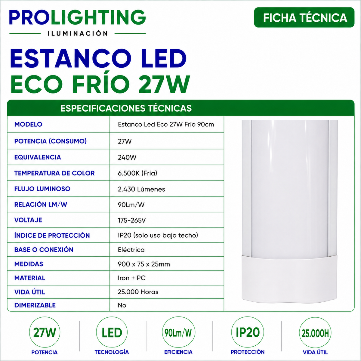 Tubo LED Estanco Canoa Plana Regleta Slim 90cm 27W Fría