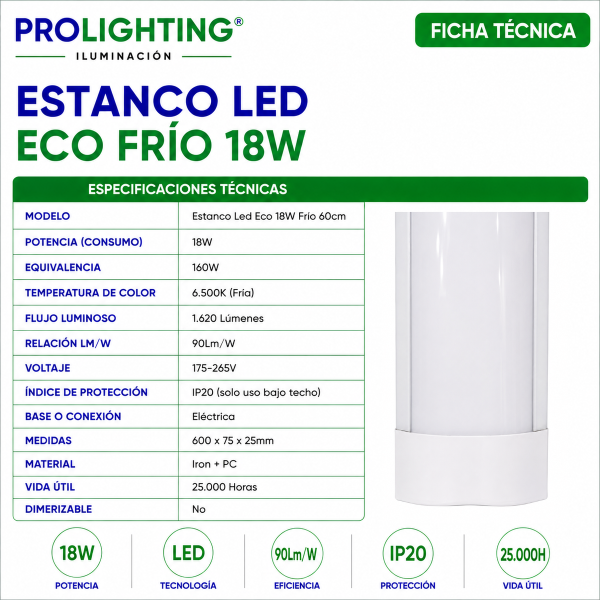 Tubo LED Estanco Canoa Plana Regleta Slim 60cm 18W Fría