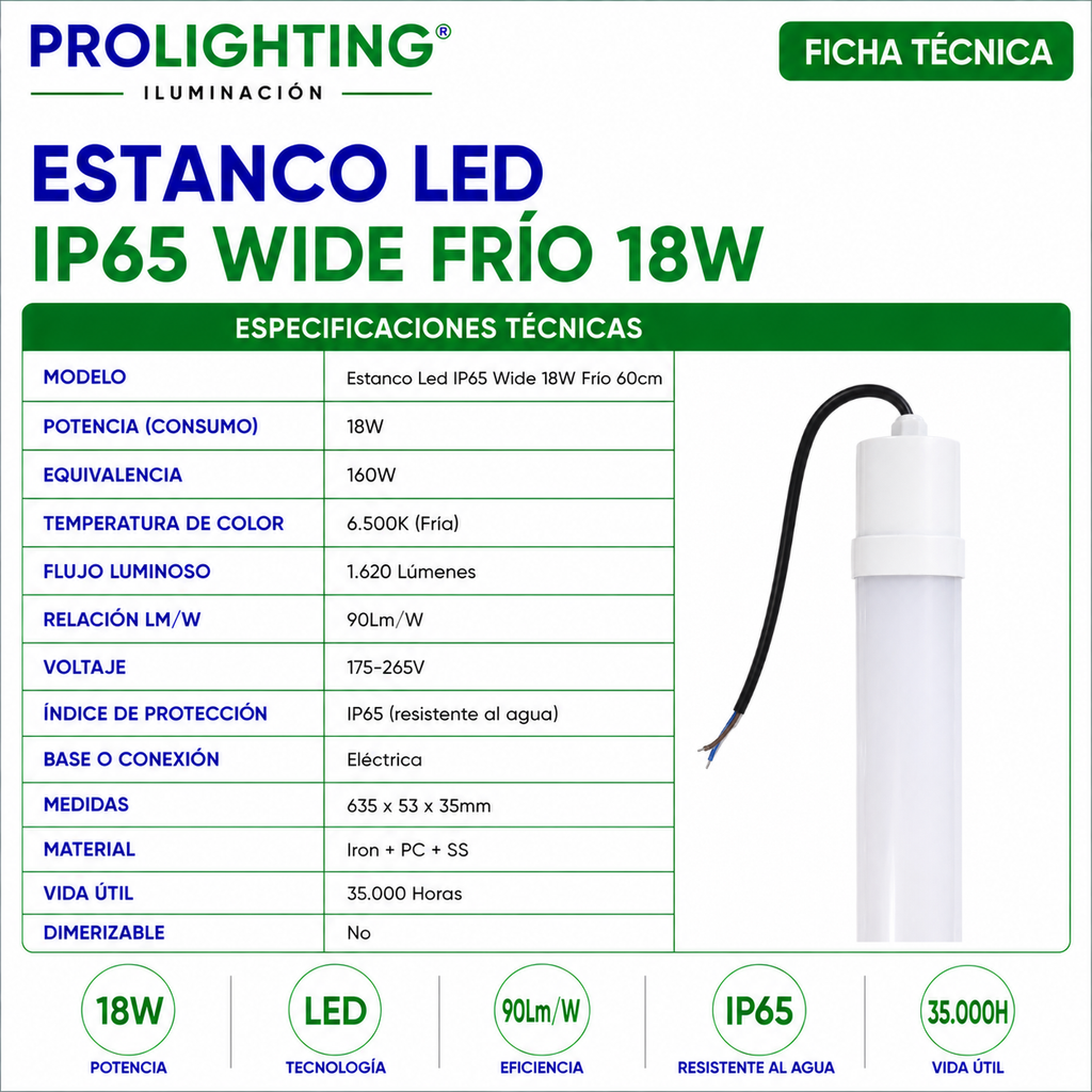 Tubo LED Estanco Canoa Plana Regleta Slim 60cm 18W Fría IP65