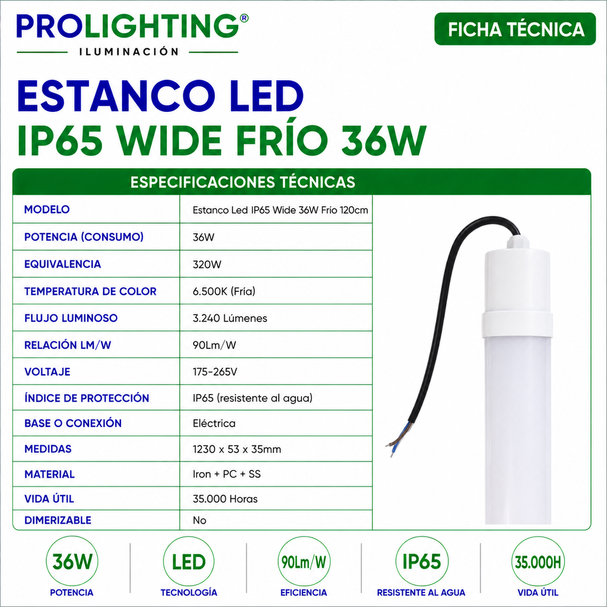 Tubo LED Estanco Canoa Plana Regleta Slim 120cm 36W Fría IP65