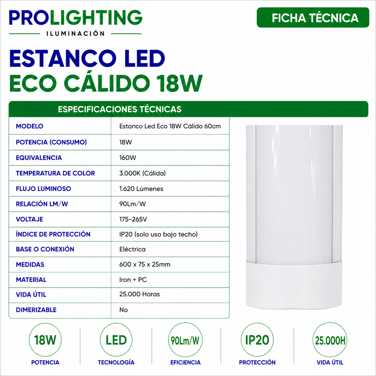Tubo LED Estanco Canoa Plana Regleta Slim 60cm 18W Cálida