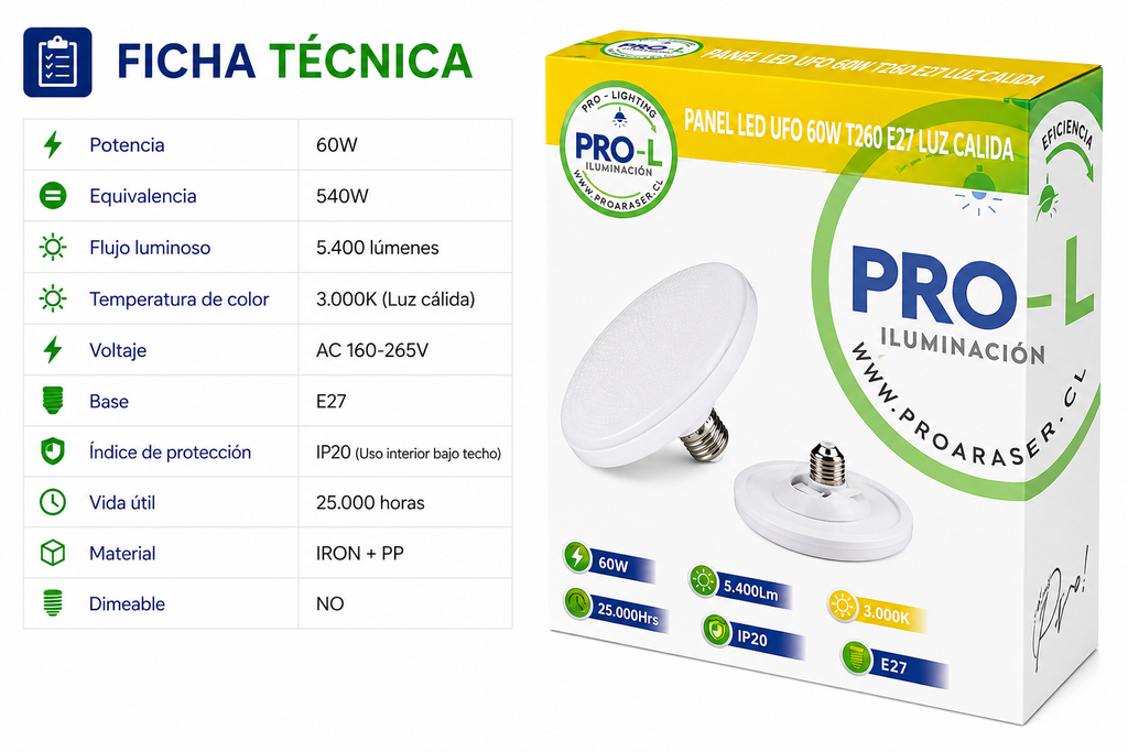 Ampolleta LED Foco Panel UFO Alta Potencia 60W Cálida 26cm T260 E27