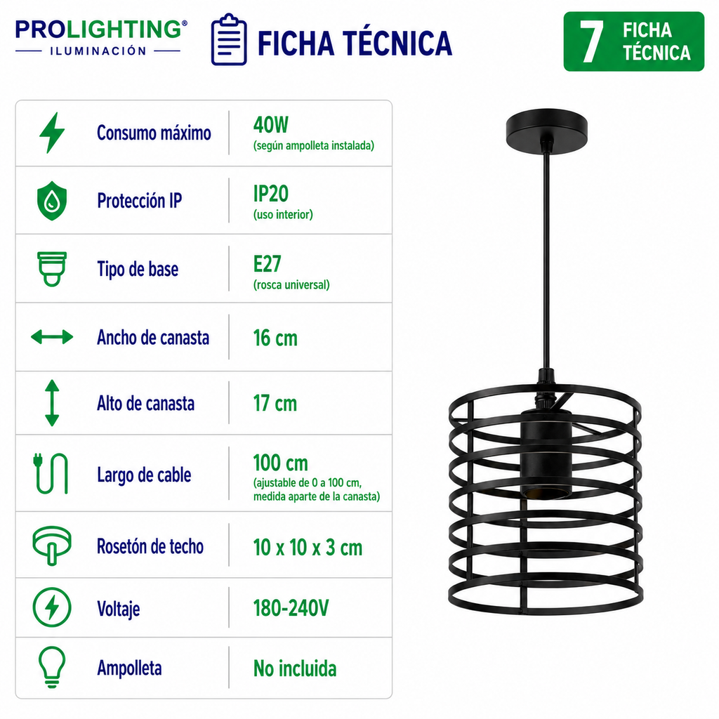 Lampara Colgante Cilindro Jaula Metal Base Negra E27 Retro