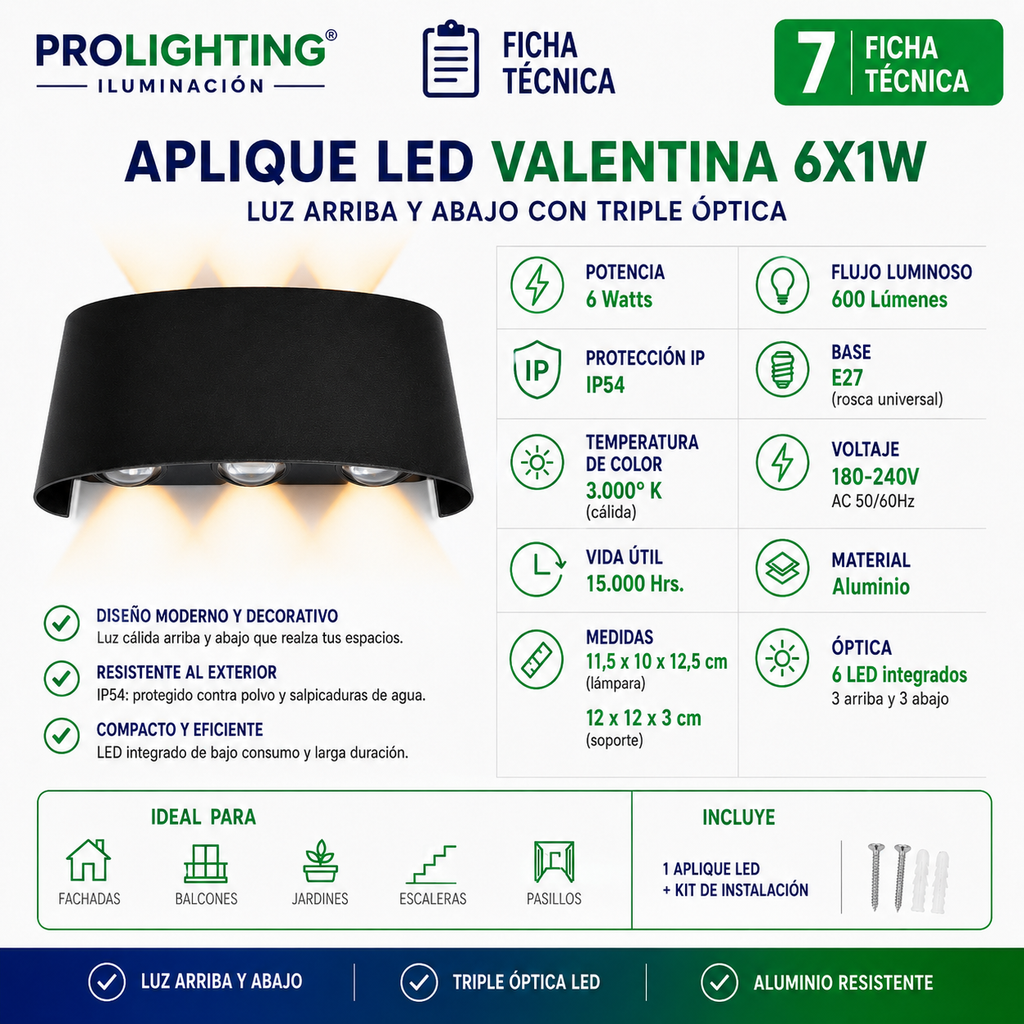 Aplique LED Curvo 6 Luces Doble Haz Arriba Abajo Exterior
