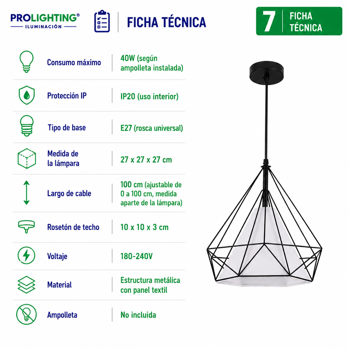 Lampara Colgante Diamante Blanca Jaula Metal Base E27