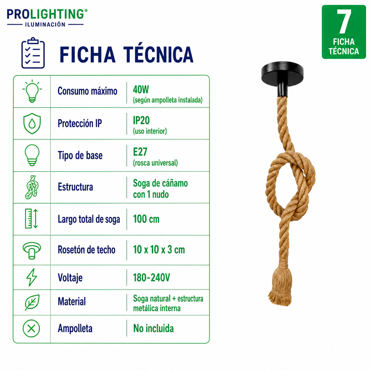Lampara Colgante Soga Simple Trenzada Yute Cañamo Base E27