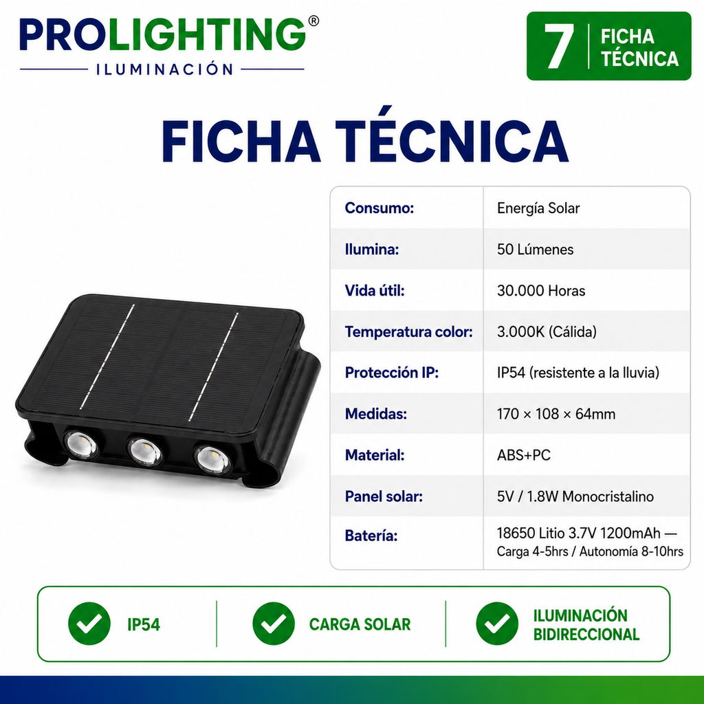 Aplique LED Solar Bidireccional Doble Haz Muro Exterior Impermeable
