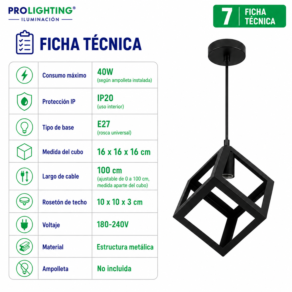 Lampara Colgante Cubo Metal Diseño Industrial Base E27