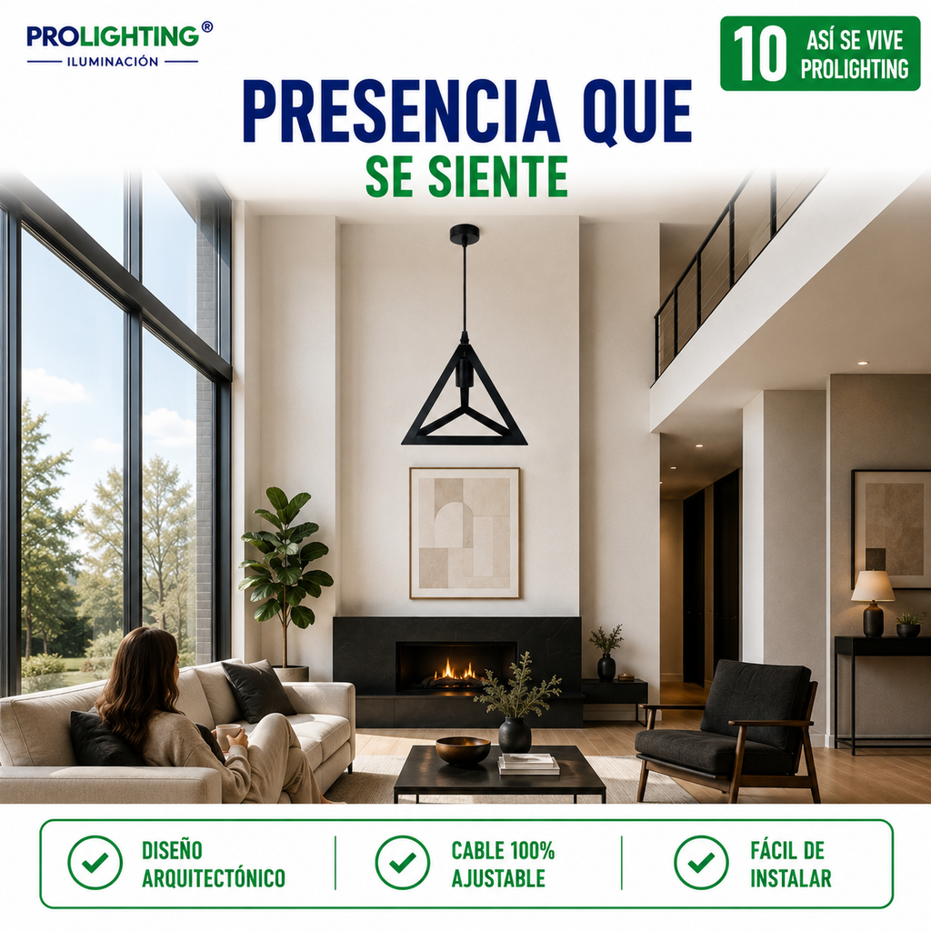 Lampara Colgante Pirámide Triangular Metal Negro Diseño Base E27