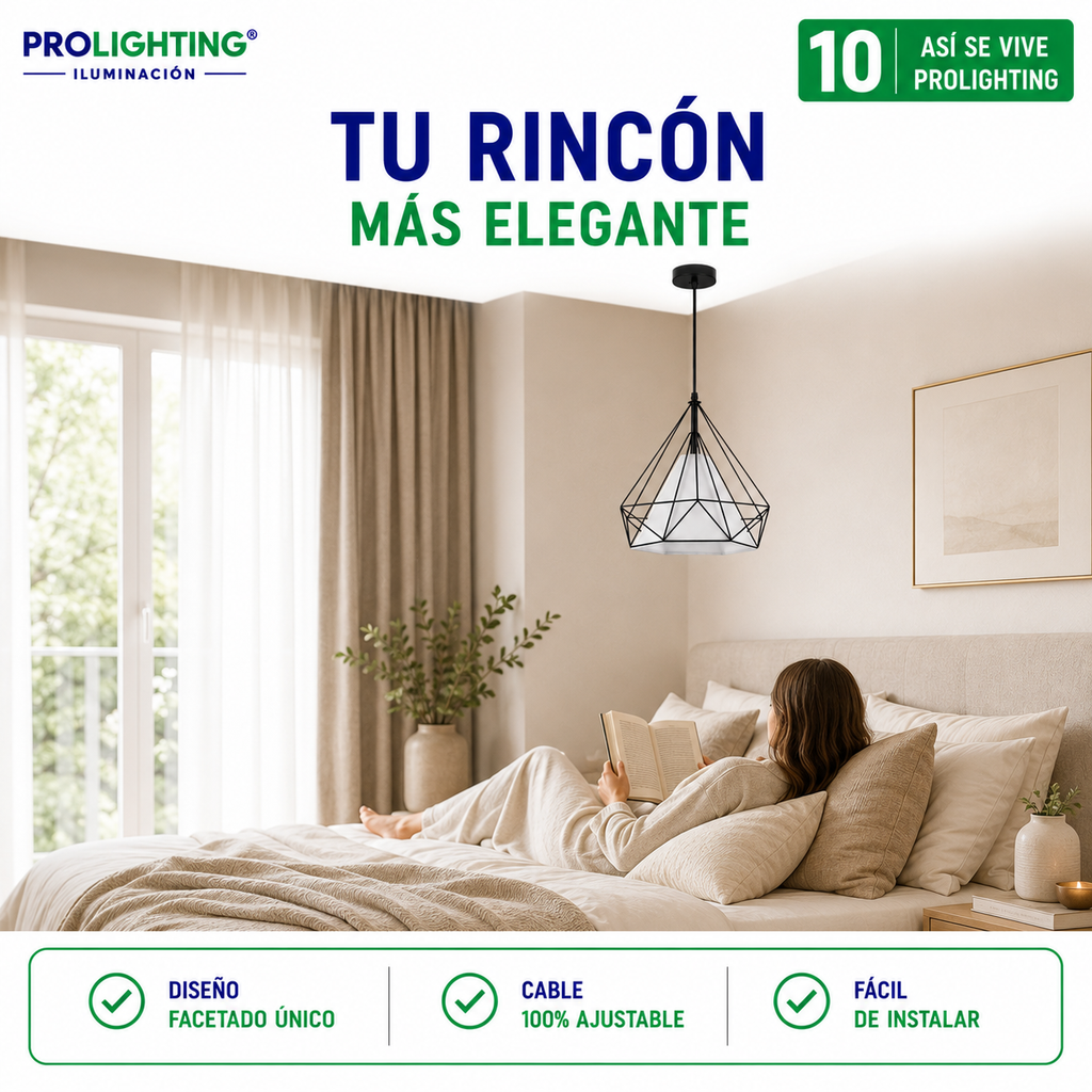 Lampara Colgante Diamante Blanca Jaula Metal Base E27