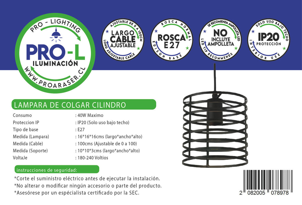 Lampara Colgante Cilindro Jaula Metal Base Negra E27 Retro