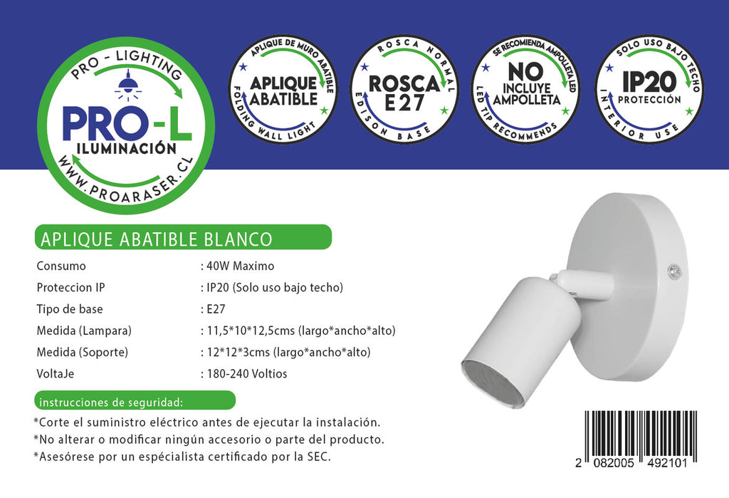 Aplique Muro Abatible Decorativo Para Ampolleta E27 Blanca