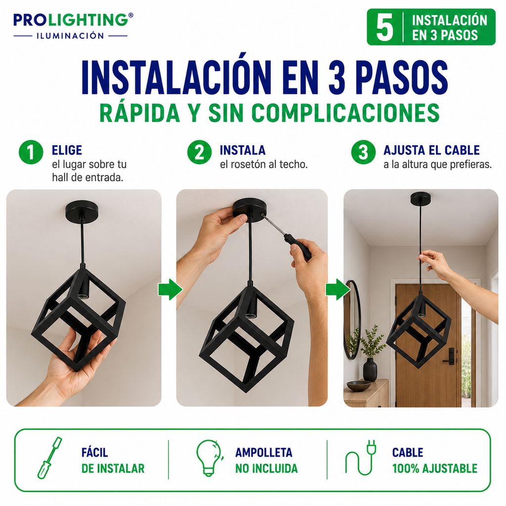 Lampara Colgante Cubo Metal Diseño Industrial Base E27