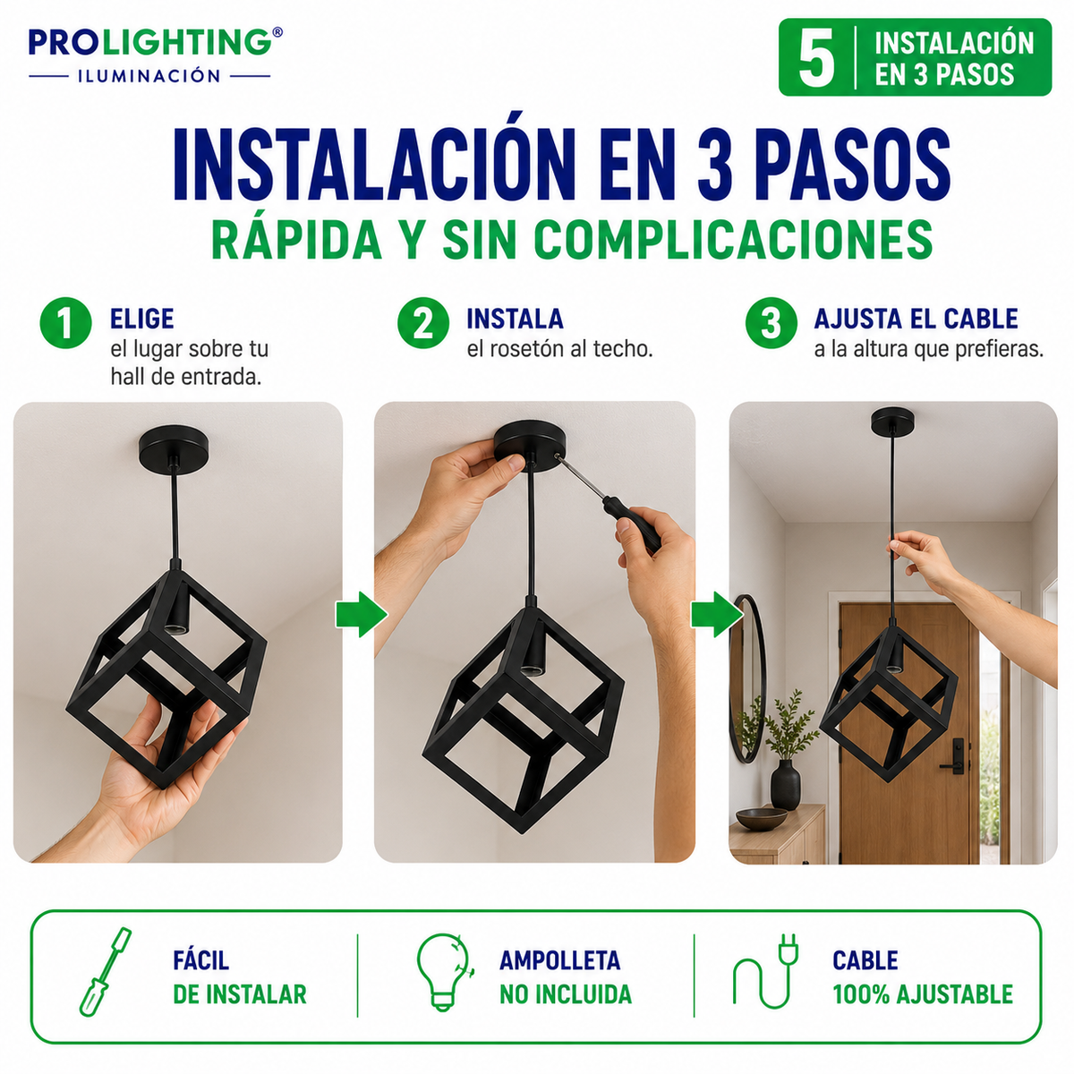 Lampara Colgante Cubo Metal Diseño Industrial Base E27
