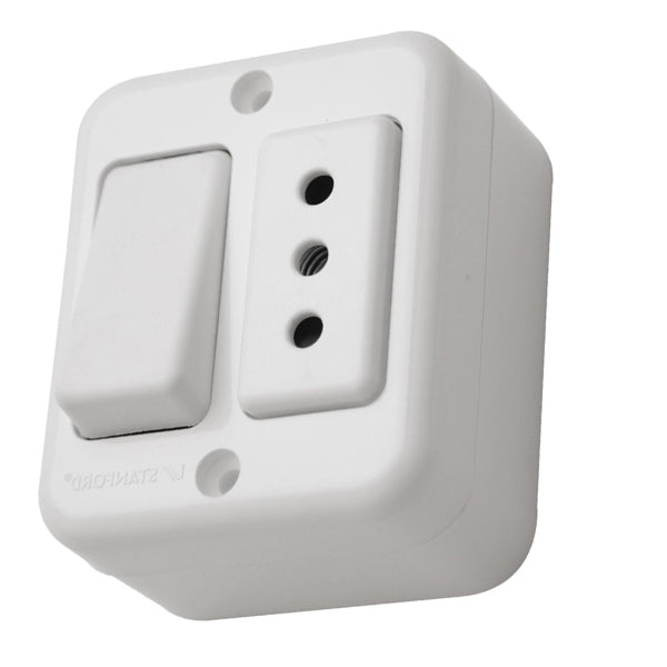 INTERRUPTOR SIMPLE (9/12) + ENCHUFE SIMPLE SOBREPUESTO 10A 250V (BLANCO)