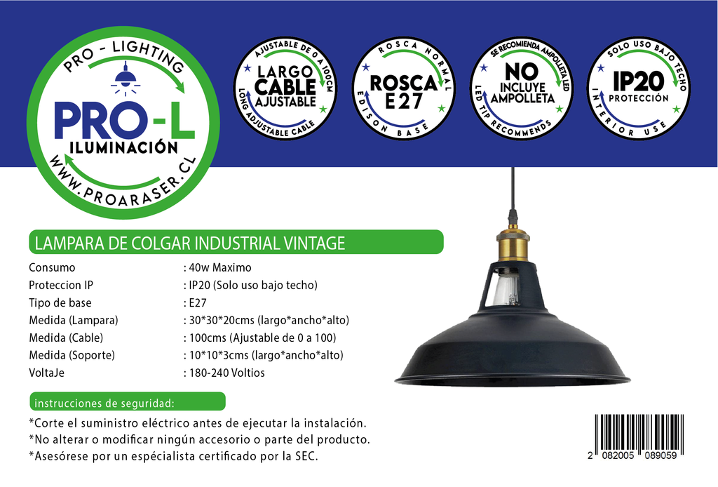 Lampara Colgar Vintage Rustico Industrial Metal Negra