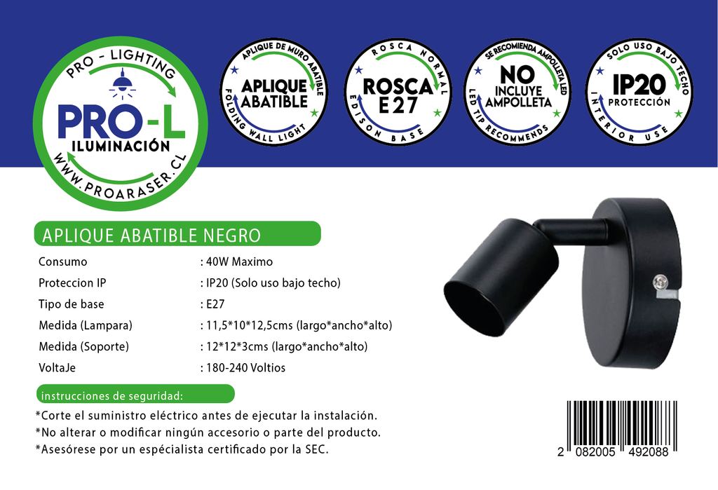 Aplique Muro Abatible Decorativo Para Ampolleta E27 Negro