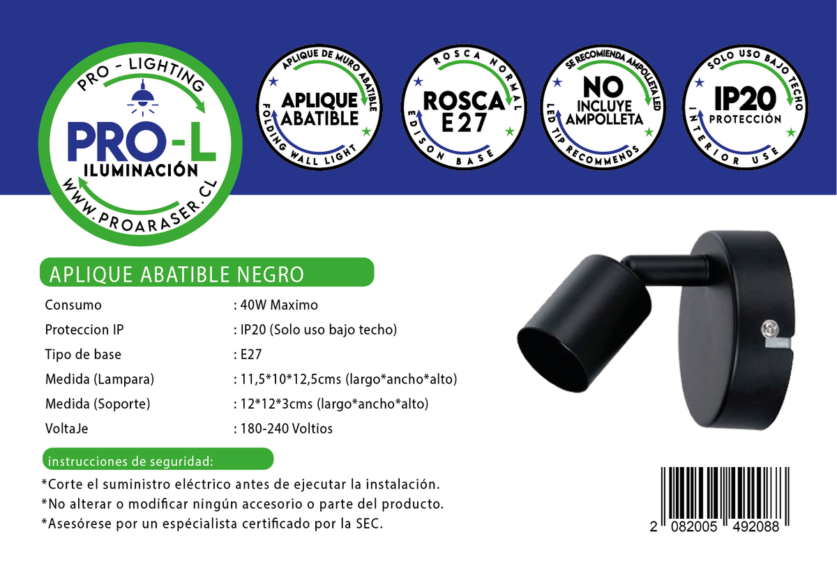 Aplique Muro Abatible Decorativo Para Ampolleta E27 Negro