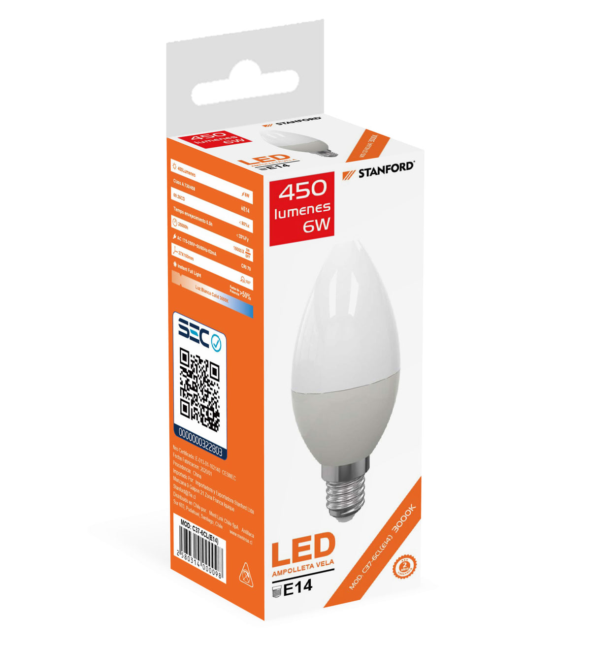 Ampolleta LED Vela 6W E14 Luz Cálida 3000K Decorativa