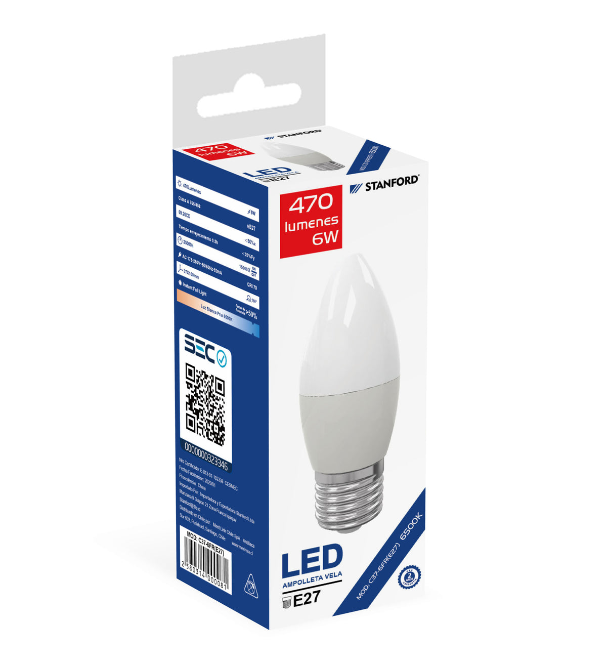 Ampolleta LED Vela 6W E27 Luz Fría 6500K Decorativa